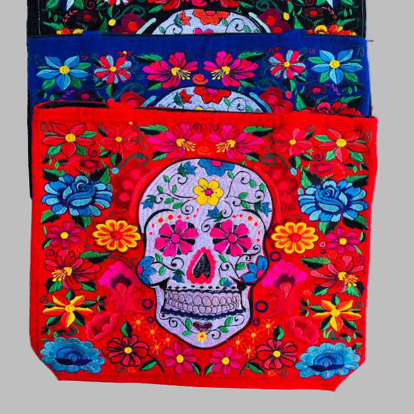Package of 25 Handmade Sugar Skull Embroidered Mexican Tote Bags