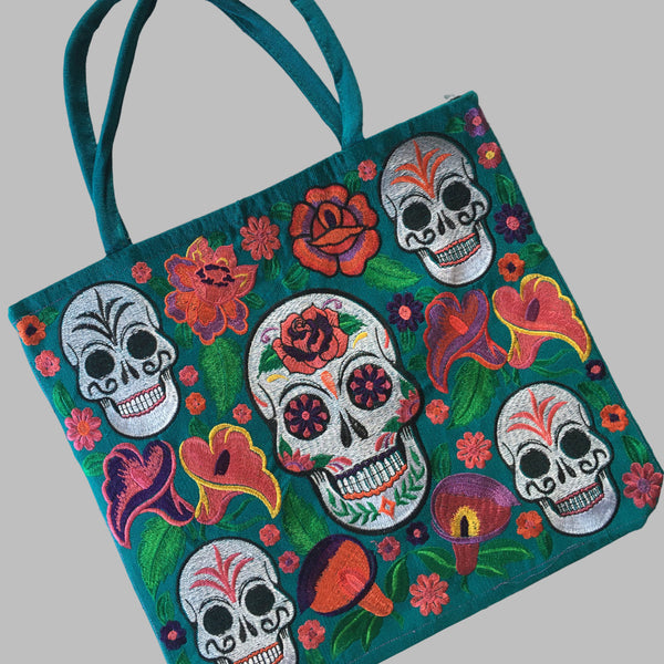 Package of 25 Handmade Sugar Skull Embroidered Mexican Tote Bags
