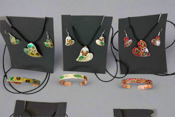 Package of 20 Hand Painted Copper Jewelry Sets - Pendant, Bracelet & Earrings